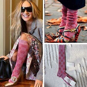 Gucci Supreme Lamé GG Long Socks Roseate Pink Women’s Size S - Authentic - New